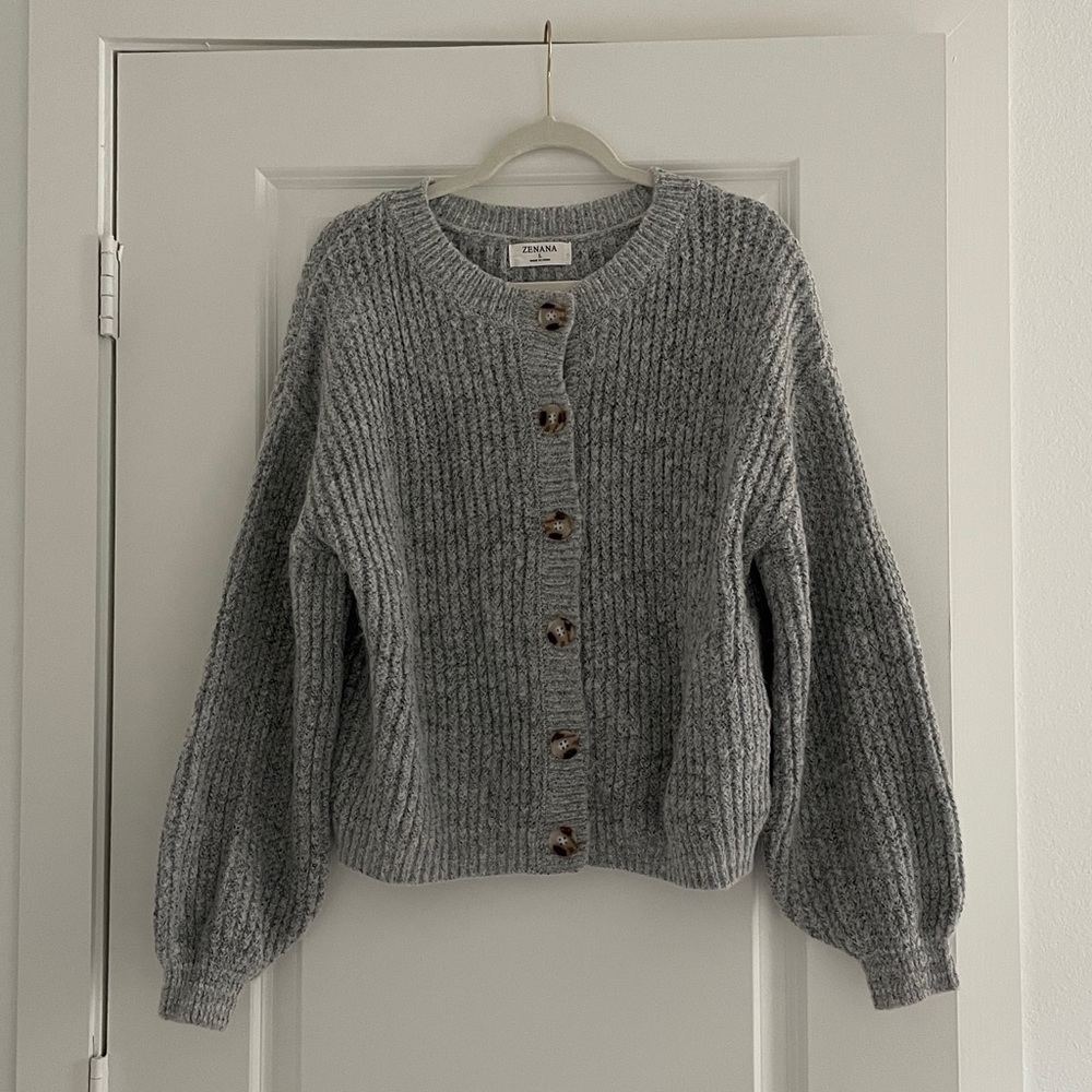 Zenana Balloon Sleeve Cardigan Button Up Chunky Rib Sweater Gray